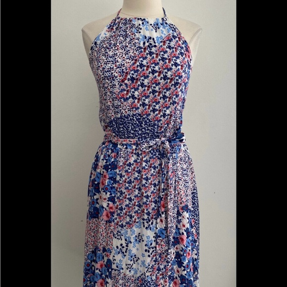 Copper Key Blue and Red Sleeveless Halter Maxi Sundress - Picture 1 of 10